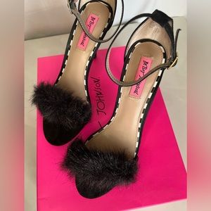 Betsey Johnson Black Harpur Faux Fur Stiletto Heels, Ankle Strap, Size 8